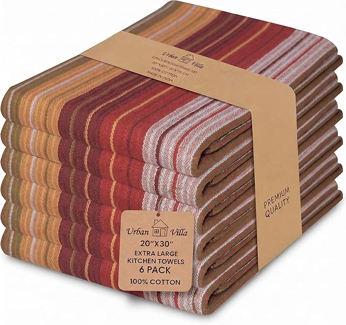Urban Villa Kitchen Towels Harvest Stripes Towels Set of 6 20" X30” 100% Cotton Highly Absorbent Quick Drying Dish Cloths & Dish Towels Thanksgiving Fall Tea Towels with Hanging Loop Towels