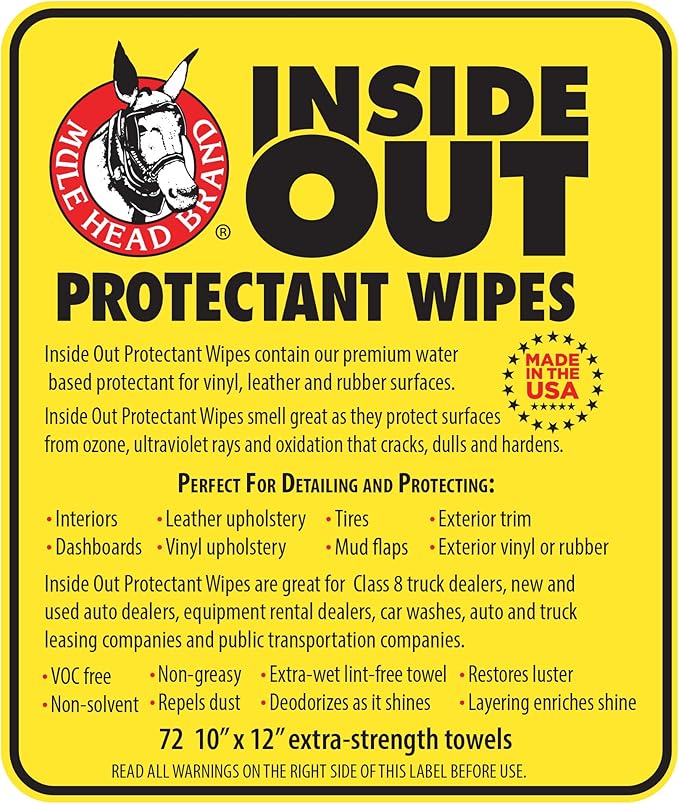 Mule Head Inside Out Protectant Wipes – Automotive Interior & Exterior Cleaner for Vinyl, Leather, Rubber & Trim, UV Protection, Non-Greasy, 72 Count, 10" x 12"