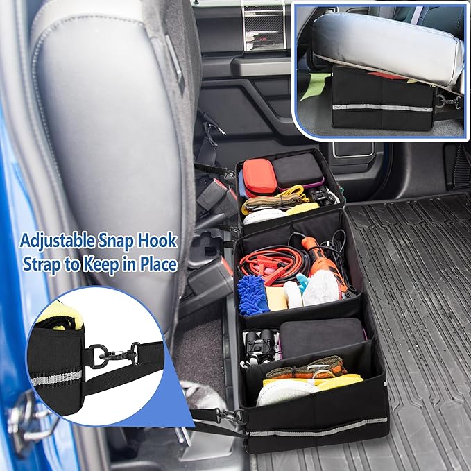 GRAOSO Trunk Under Seat Storage Fit for Super Crew, Tool Organizer Box Under Rear Seat for Three Seats with Removable Bottom Boards, Side Handles and Hook Snap Fix Straps, Black