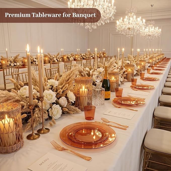 DaYammi 350Pcs Clear Amber Dinnerware Set 50 Guest for Party Amber Plates Disposable - 50 Dinner Plate, 50 Dessert Plate, 50 Per Rolled Napkins with Cutlery, 50 Plastic Cups 9 OZ for Party Wedding
