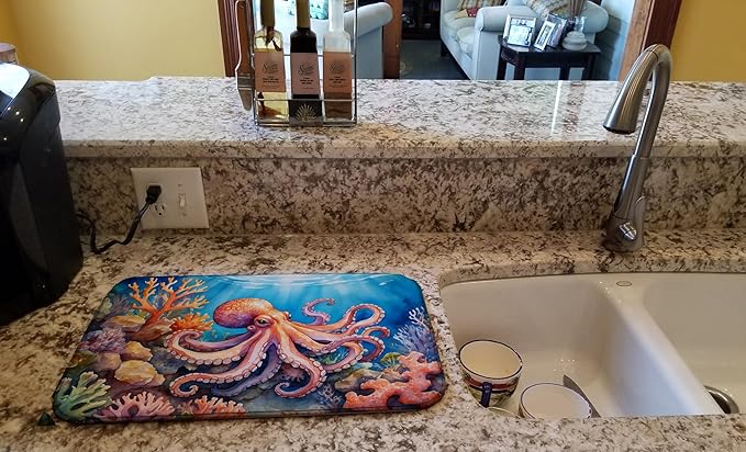 Caroline's Treasures Octopus Among Coral Dish Drying Mat Absorbent Dish Drying Mat Pad for Kitchen Counter Dish Drainer Mat for Countertop, 14 x 21", Multicolor