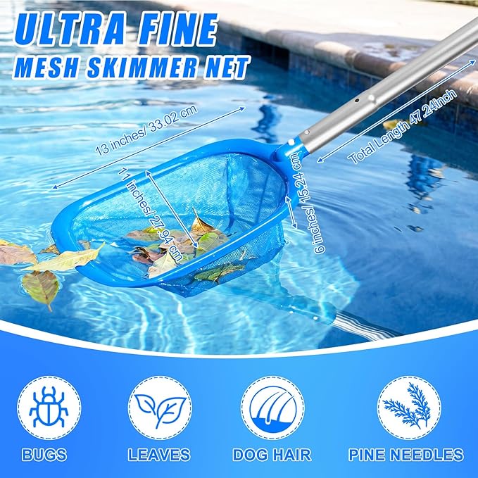 Potchen 6 Pcs Pool Cleaning Kit Include Vacuum Head, Skimmer Net, Brush Head, Telescoping Pole, Pool Chlorine Floater, and Test Strips for Above Ground Pools Hot Tubs Maintenance Tools(Spa Jet Vac)