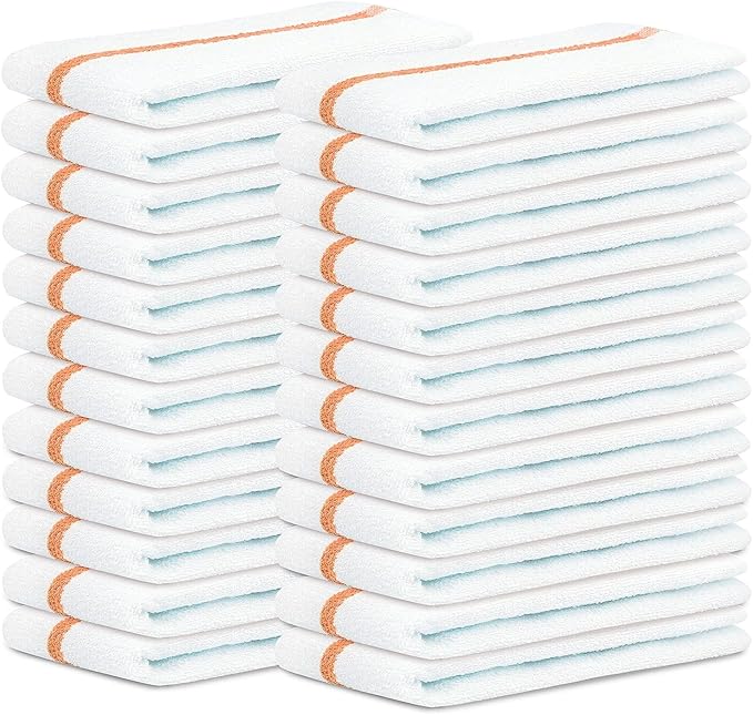 Bar Mops Gold Stripe Pack of 24 Kitchen Towels 16x19 Multi-Purpose for Home, Restaurant and Cleaning White Absorbent Washcloth Dishcloths Sets, Reusable Dish, Cloths Rags