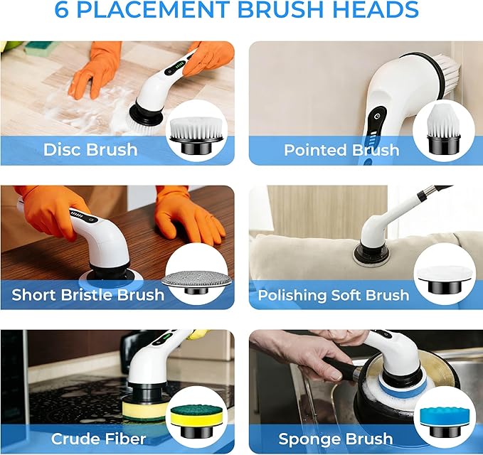 Electric Spin Scrubber with Long Handle，Cordless Bathroom & Kitchen Cleaner with 6 Replaceable Brush Heads，3 Adjustable Speeds for Tile Floor Tub Shower