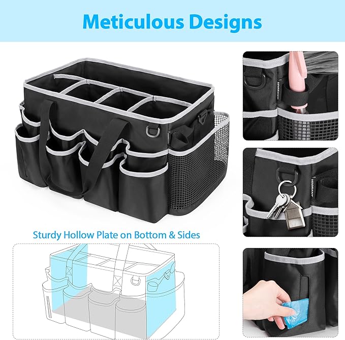 HODRANT Extra-Large Wearable Cleaning Caddy, Organizer Bag for Products, Housekeeper Tote With Pad, Handle & Divider, Car Wash Tools Bag for Detailing Supplies, Gray Edge