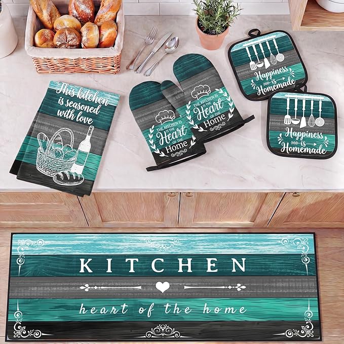 10 Pcs Teal Turquoise Kitchen Decor and Accessories Set, 4 Dish Towels Kitchen Rugs 2 Oven Mitts 2 Pot Holders, Home Decor for Cooking Baking BBQ Gifts Women Mom Housewarming