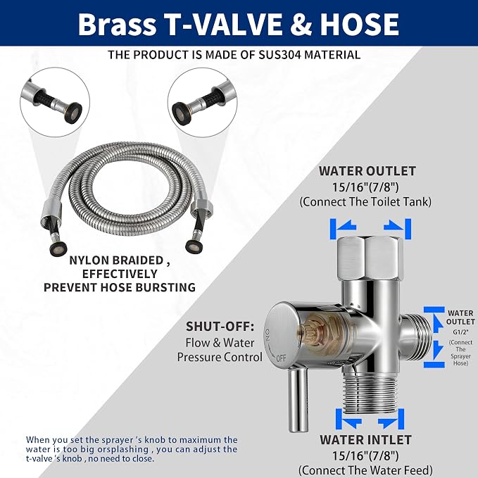 Brushed Nickel Handheld Bidet Sprayer for Toilet, Toilet Sprayer Bidet with Solid Brass T-Valve & Stainless Steel Hose, Adjustable Pressure Diaper Sprayer Kit for Bathroom & Baby Diaper