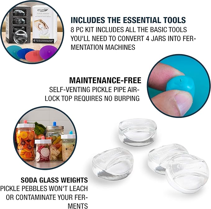 Masontops 8 PC Pickle Pebbles Glass Weight & Pickle Pipes Airlock Kits - Small Regular Mouth Lid For Pickling & Canning