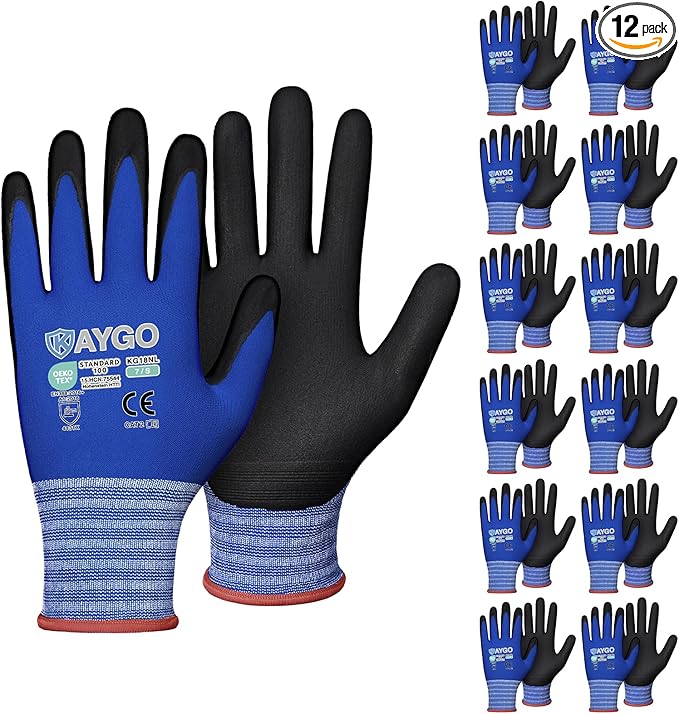 KAYGO Safety Work Gloves MicroFoam Nitrile Coated-1 Pairs, KG18NB,Seamless Knit Nylon Glove with Black Micro-Foam Nitrile Grip,Ideal for General Purpose,Automotive,Home Improvement,S,Blue