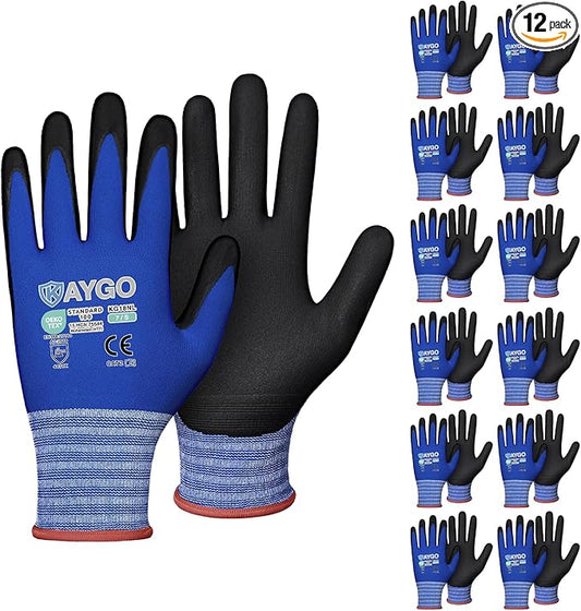 KAYGO Safety Work Gloves MicroFoam Nitrile Coated-1 Pairs, KG18NB,Seamless Knit Nylon Glove with Black Micro-Foam Nitrile Grip,Ideal for General Purpose,Automotive,Home Improvement,S,Blue