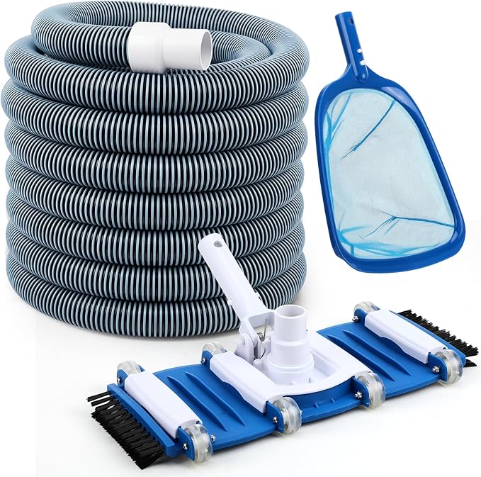 3 Pcs Pool Vacuum Kit Manual Vacuum Head with 1-1/2" x 18ft Hoses and Skimmer Net Flexible Head with Side Brushes and Wheels, Maintenance Accessories for Above Ground Inground Pool Cleaning