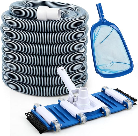 3 Pcs Pool Vacuum Kit Manual Vacuum Head with 1-1/2" x 18ft Hoses and Skimmer Net Flexible Head with Side Brushes and Wheels, Maintenance Accessories for Above Ground Inground Pool Cleaning