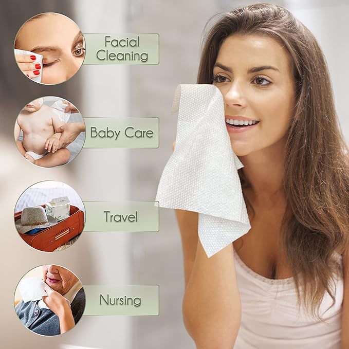 WOWOTEX Disposable Face Towel Biodegradable Large Dry Face Wipes 240 Count/4 Box Extra Thick Soft Clean Facial Towels for Sensitive Skin, Makeup Removing, Facial Cleansing, Nursing, Travel, 10"×12"