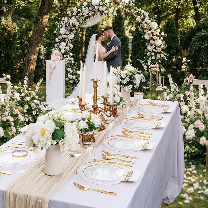 LIYH 350 Pcs Clear Plastic Plates for Wedding Reception Plastic Plates for Party 100 Disposable Plate 150 Gold Plastic Silverware 50 Gold Cups 50 Napkins Perfect for Wedding Birthday (50 Guest)