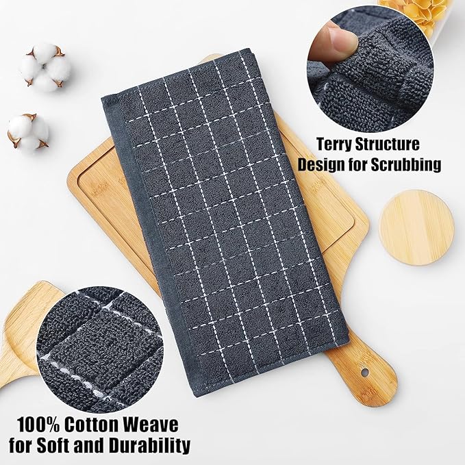 Homaxy 100% Cotton Terry Kitchen Dish Cloths, Ultra Soft and Absorbent Dish Towels for Kitchen, Suitable for Drying and Washing Dishes, 24 Pack, 12 x 12 Inches, Dark Grey