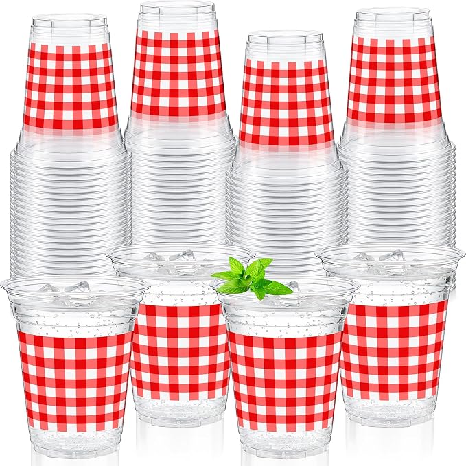 Qinyoung Checkered Plastic Cups 12oz Gingham Party Disposable Cups Bulk Drinking Cup for Cold Drinks Baby Shower Wedding Summer Birthday Party Supplies(Red and White,100 Pcs)