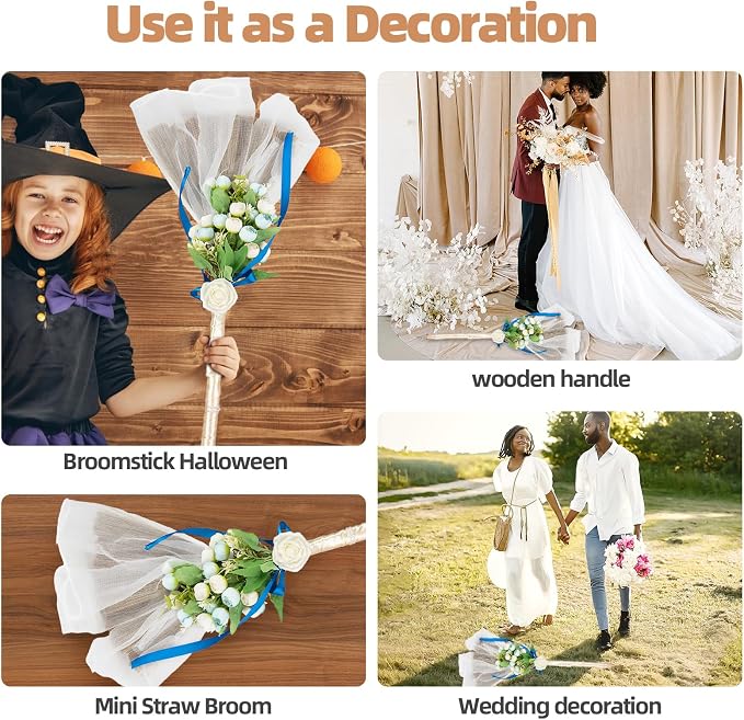 Jumping The Broom African American Wedding Broom, Vintage Elegance Lace Flower with Diamonds DIY Broomstick for Wedding Ceremony (White) (12.6”Width 28.74” Length)
