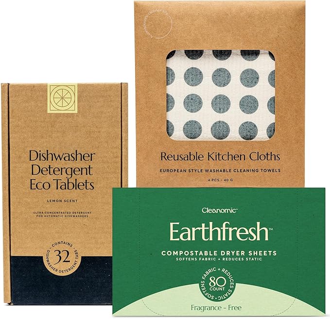 CLEANOMIC Reusable Kitchen Cloth, Dishwasher Pods & Fabric Softener Sheets Bundle