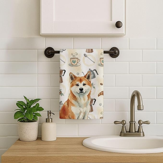 Caroline's Treasures Red Akita Coffee Bar Kitchen Towel Velour Plush Front and Cotton Loop Back Machine Washable