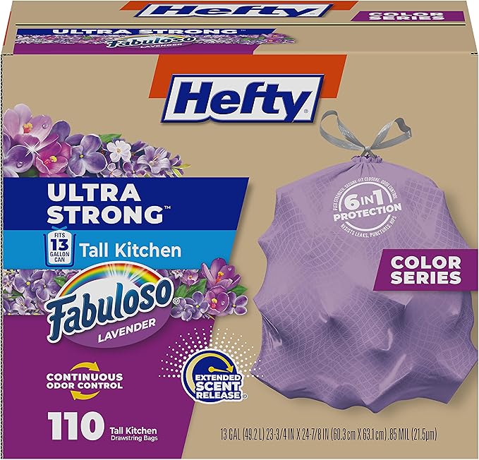 Hefty Ultra Strong 13 Gallon Trash Bags, Tall Kitchen Trash Bags 13 Gallon Size, Resist Leaks, Punctures, and Rips, Continuous Odor Control, Purple, Fabuloso Scent, 110 Bags