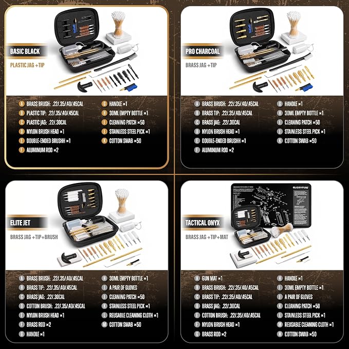 GLORYFIRE Universal Gun Cleaning Kit Fits .22 .357/9mm .38 .40 .45 Cal Handguns & Pistols Compact Carrying Case for Portability Multiple Styles with Brass or Plastic Jags & Tips for Shooting and Range