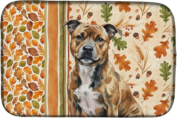 Caroline's Treasures Brindle Staffordshire Bull Terrier Heirloom Fall Dish Drying Mat Absorbent Dish Drying Mat Pad for Kitchen Counter Dish Drainer Mat for Countertop, 14 x 21", Multicolor