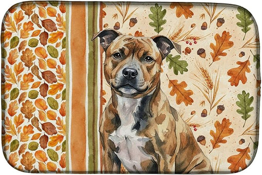 Caroline's Treasures Brindle Staffordshire Bull Terrier Heirloom Fall Dish Drying Mat Absorbent Dish Drying Mat Pad for Kitchen Counter Dish Drainer Mat for Countertop, 14 x 21", Multicolor