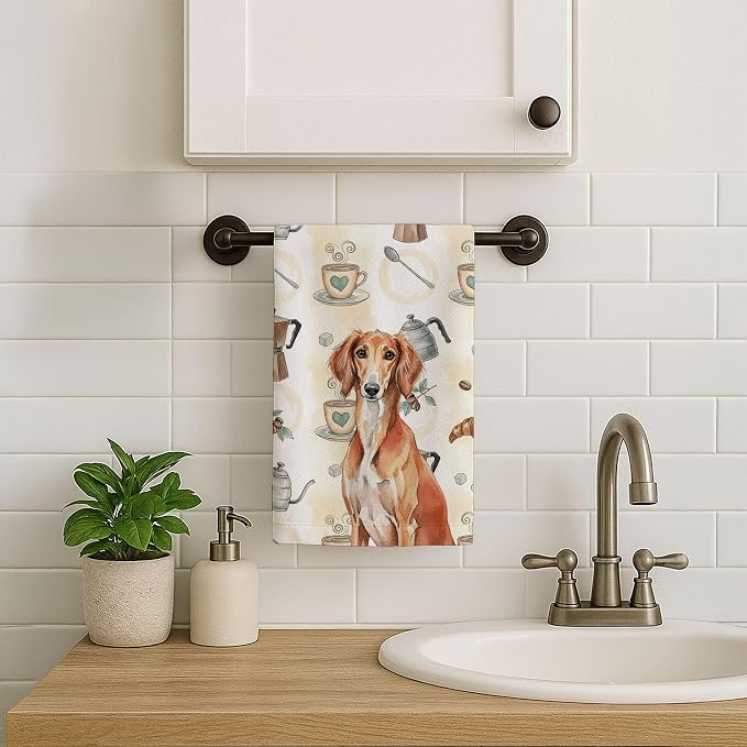 Caroline's Treasures Red Saluki Coffee Bar Kitchen Towel Velour Plush Front and Cotton Loop Back Machine Washable