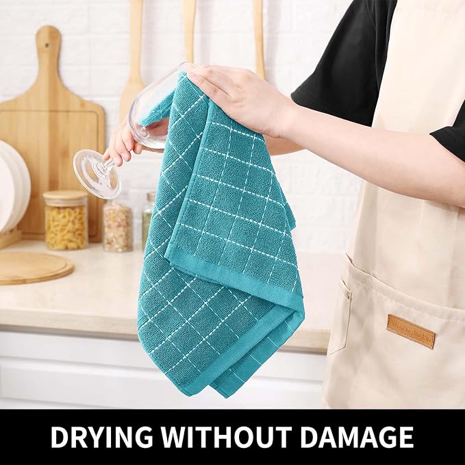 Homaxy Kitchen Towels and Dishcloths Set, 12 x 12 and 13 x 28 Inches, Set of 12 Bulk Cotton Terry Kitchen Towels Set, Checkered Designed, Soft and Super Absorbent Dish Towels, Lake Blue