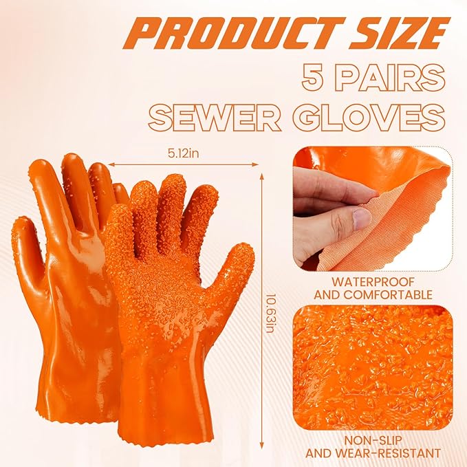 5 Pairs Sewer Snake Glove PVC Non Slip Sewer Gloves Drain Cleaning Glove Plumbing Tools for Professional Plumber