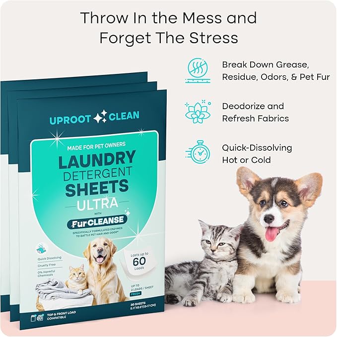 Uproot Clean Laundry Sheets Ultra - 90 Pack - Fresh Scent: Extra-Large Enzyme-Powered Laundry Detergent Sheets Made in USA - Eliminate Clinging Fur, Pet Odors, & Messy Residue - Up to 180 Loads