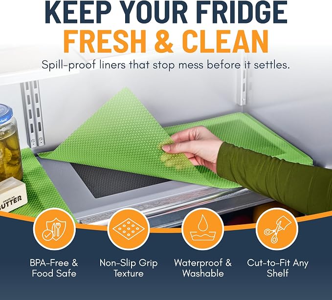 Refrigerator Liners for Shelves by Linda’s Essentials - Easy to Clean Fridge Liner with Spill Protection Fridge Shelf Liners & Drawer Liner, Nonslip BPA-Free Refrigerator Mats (Green Roll)
