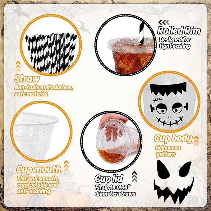 Whaline 60 Pcs Halloween Disposable Plastic Cups with Lids and Straws 12 oz Vampire Monster Ghost Pumpkin Cold Beverage Drinking Cups for Birthday Party Favors