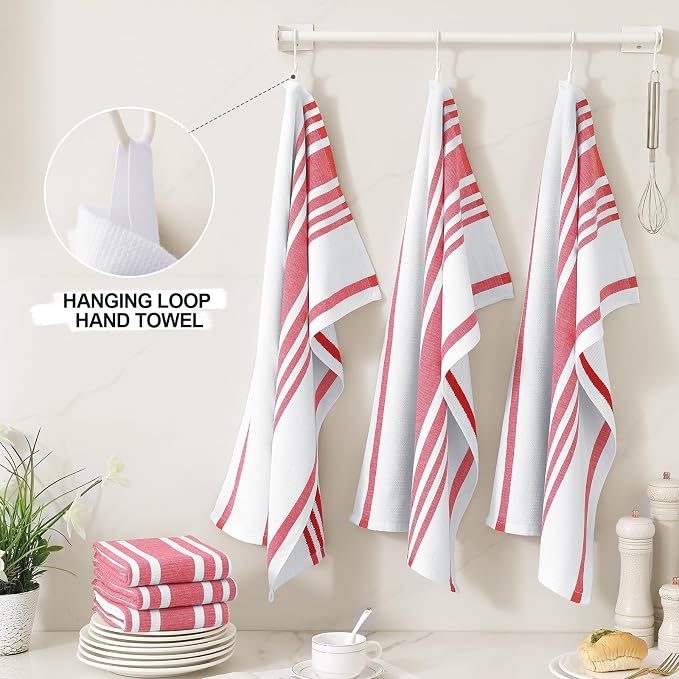 Homaxy Premium Kitchen Towels 18”x 28”, Large Cotton 380 GSM Kitchen Hand Towels, Stripe and Terry Dish Towel, Highly Absorbent Tea Towel Set with Hanging Loop, 8 Pack, Red