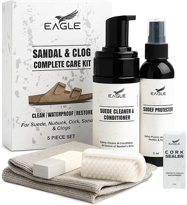 Eagle Sandal & Clog Care Kit – Compatible with Birkenstock – Suede Cleaner & Conditioner, Protector, Cork Renew, Brush, Eraser & Microfiber Cloth – 6-Piece Complete Shoe Cleaning Set
