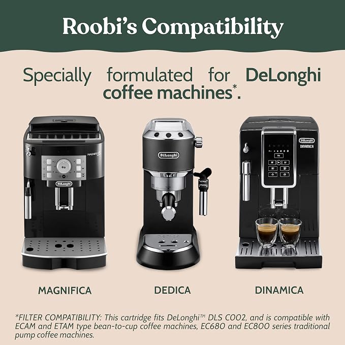 Roobi DeLonghi Compatible Cleaning Descaling Kit. Includes 1 Bottle of Descaling Solution and 4 DeLonghi Filters. Carbon Neutral DeLonghi Cleaner Descaler Kit. 1 Year Supply.