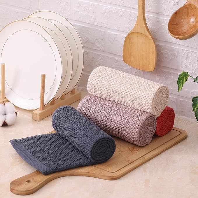 Kitinjoy 100% Cotton Waffle Weave Kitchen Hand Towels (13 x 28 Inches, Multicolor), 4-Pack Super Soft and Absorbent Dish Towels for Drying Dishes