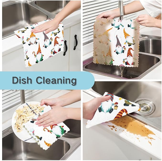 senya Christmas Kitchen Dishcloths, Christmas Gnomes Seamless Cloth Dish Towels 6 Pack Super Absorbent Dishtowels Reusable Cleaning Cloths