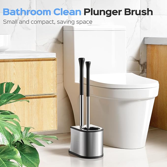 Silicone Bathroom Deep Cleaning Toilet Bowl Brush Holder Set Gray and 2 in 1 Stainless Steel Rustproof Toilet Plunger and Brush Set