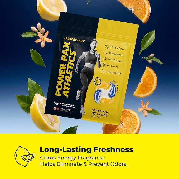 PowerPax Athletics Laundry Detergent Pods, 36 Count 5-in-1 Washer Pods for Activewear & Everyday Laundry, Enzyme Stain & Odor Remover, Citrus Energy, HE Washing Machine Pods
