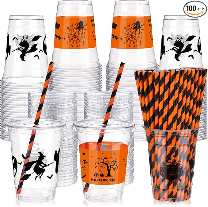 Yaomiao 300 Pcs 12 oz Halloween Plastic Party Cups with Lids and Straw Happy Halloween Plastic Cup Halloween Disposable Clear Cups Whiskey Party Cups Black Pumpkin Witch Drinking Set for Party Supply