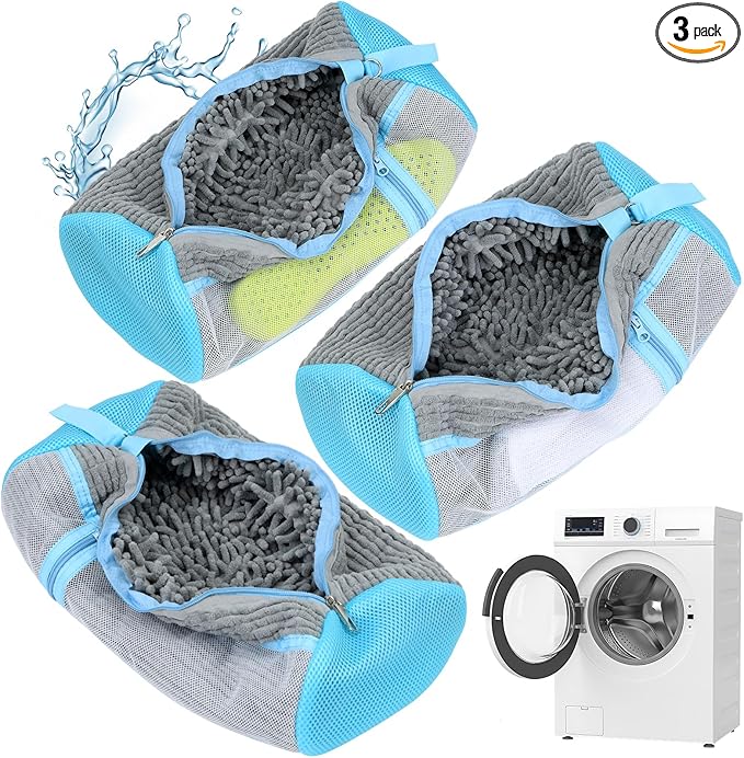 Shoe Washing Machine Bag, 3 Pack Shoe Cleaning Bag for Washer and Dryer, 360° Deep Cleaning Reusable Shoes Laundry Bags for Sneakers with Zipper Protection and Side Mesh Pouch, Gray