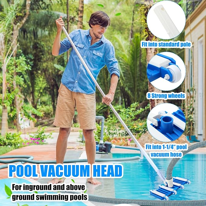 3 Pcs Pool Cleaning Kit Swimming Pool Vacuum Head Hoses 1-1/2" x 30ft with Swivel Wheel Vacuum Head and 14 '' Brush for Inground & Above Ground Pools Spas Ponds Cleaning Manual(Wheel)