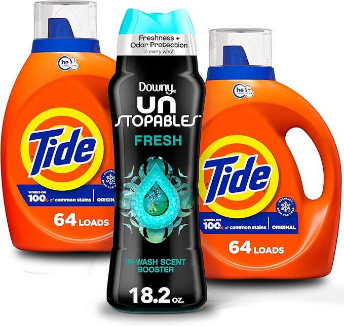Bundle of Tide Liquid Laundry Detergent Soap, Original Scent, HE Compatible, 64 Loads, 84 fl oz + Downy Unstopables In-Wash Scent Booster Beads, FRESH, 18.2 oz
