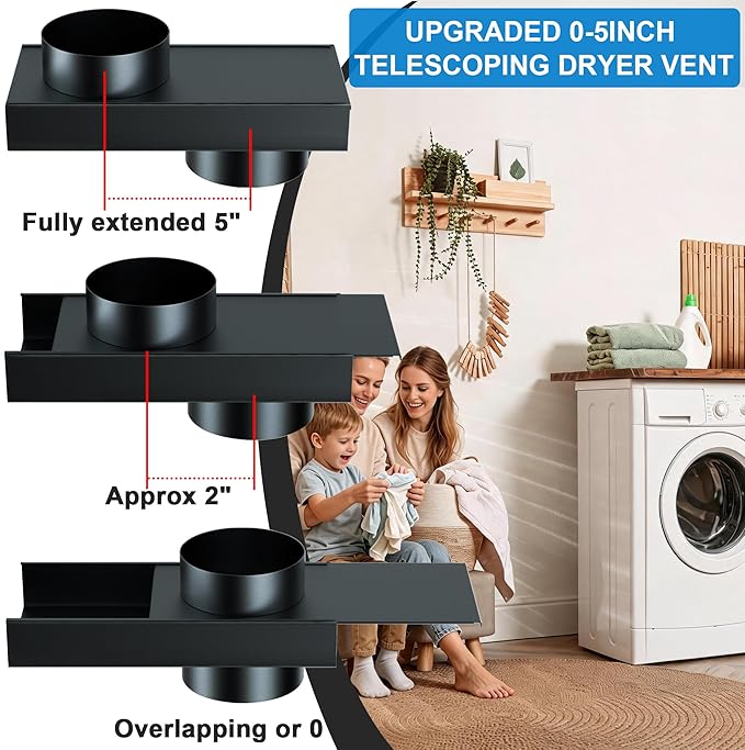 Upgraded 84049 Periscope Dryer Vent Connector Kit,0-5" Adjustable Telescoping Dryer Vent, Low Profile Close-to-Wall Short Small Stainless Steel Dryer Vent for Tight Spaces, with Anti-Leakage Seal Ring