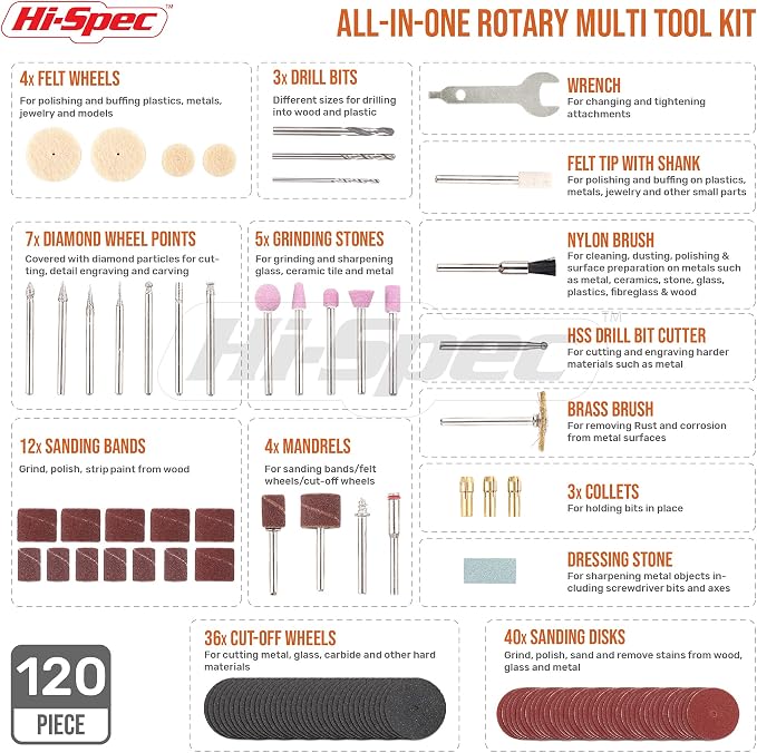 Hi-Spec Rotary Tool Kit Set 170W 1.4A with 121 Piece Dremel Compatible Bit Accessories. Drill, Cut, Trim, Grind & Sand in DIY Repairs, Hobbies & Craftwork