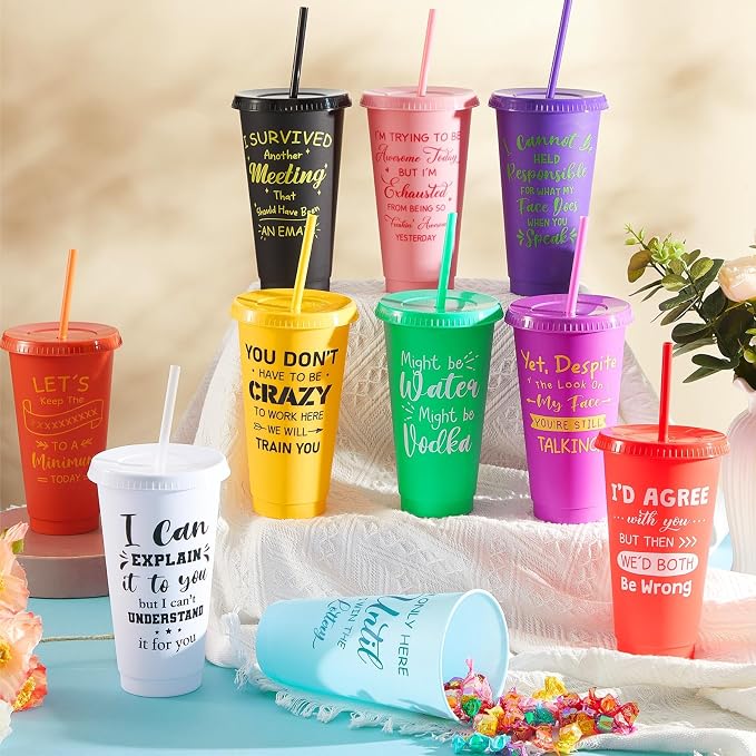 Uiifan 30 Pcs Funny Employee Gifts, Sarcastic Office Gifts for Coworkers Staff, 24oz Colorful Plastic Tumbler with Lids and Straws Bulk, Funny Tumblers for Women Man(Bright Color)
