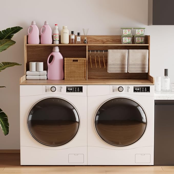 Unionly 2-Tier Washer Dryer Countertop with Clothes Rail，Laundry Topper with Edge and Non-Slip Pad for Washer and Dryer Laundry Hamper Counter Storage Organization (Light Oak Brown, Full)
