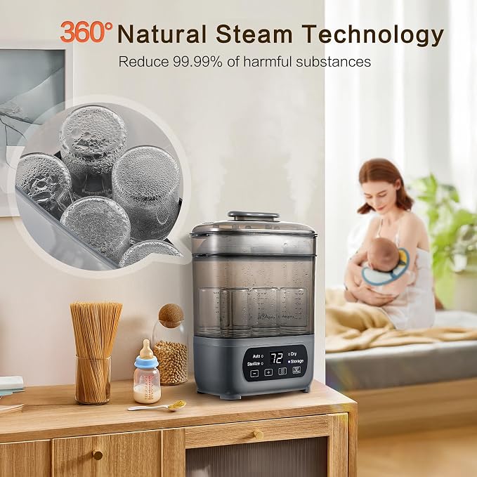 AMZBABYCHEF 4-in-1 Baby Bottle Steamer and Dryer, Electric Steamer with Fast Drying, Universal Fit for All Bottles, LED Touch Screen & Auto Shut-Off Protection (Grey)