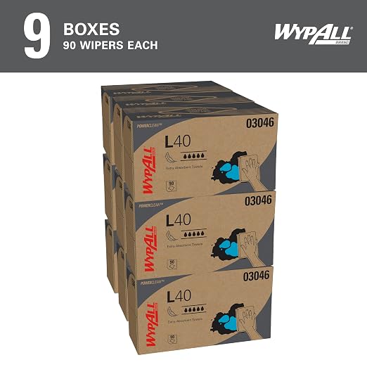 WypAll PowerClean L40 Cloths Extra Absorbent Wipes (03046), Pop-Up Box, Bulk Paper Wipers, White (9 Packs of 90 Sheets, 810 Sheet Total)